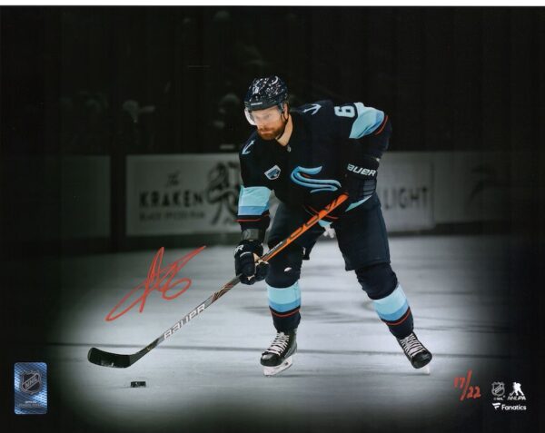 Adam Larsson Seattle Kraken Autographed 11" x 14" Deep Sea Blue Jersey with Puck Spotlight Photograph - Limited Edition of 22