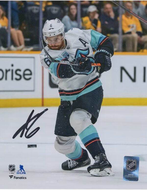 Adam Larsson Seattle Kraken Autographed 8'' x 10'' White Jersey Shooting Photograph