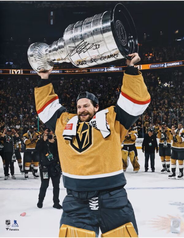 Adin Hill Vegas Golden Knights Unsigned 2023 Stanley Cup Champions Raising Cup Photograph