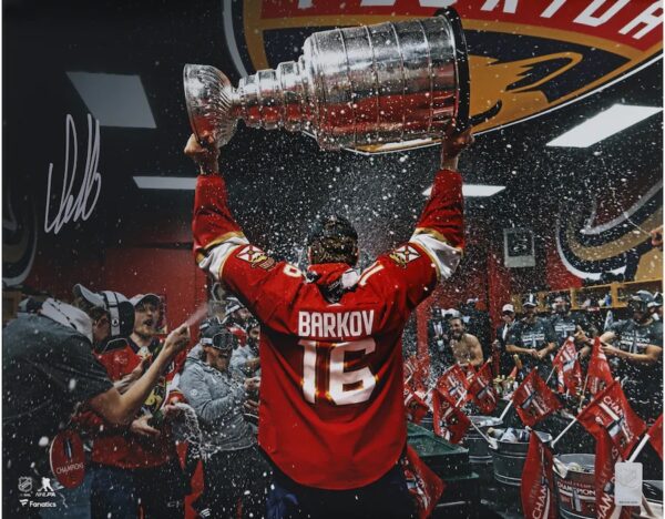 Aleksander Barkov Florida Panthers Autographed 2024 Stanley Cup Champions 16" x 20" Locker Room Raising Cup Photograph