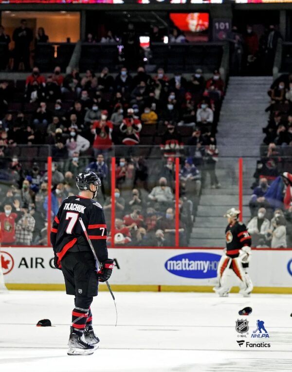 Brady Tkachuk Ottawa Senators Unsigned Celebrates First NHL Career Hat Trick Photograph