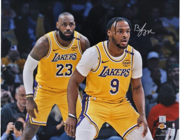 Bronny James Los Angeles Lakers Autographed 16" x 20" NBA Debut with Lebron James Photograph