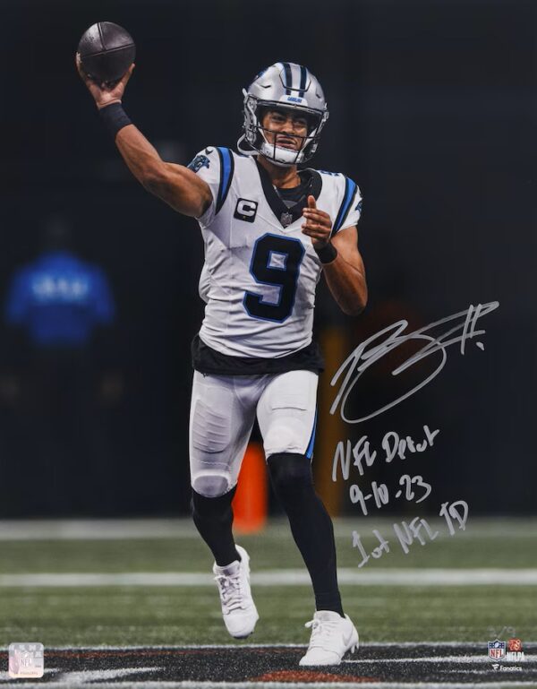 Bryce Young Carolina Panthers Autographed 16" x 20" Debut Photograph with "NFL Debut 9-10-23" and "1st NFL TD" Inscriptions - Limited Edition of 9