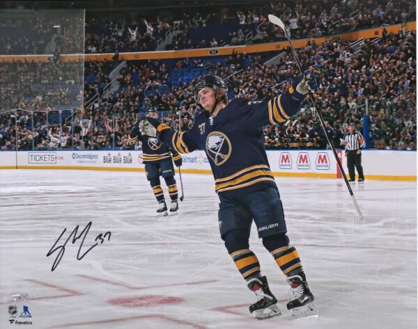 Casey Mittelstadt Buffalo Sabres Autographed 16" x 20" Blue Jersey Goal Celebration Photograph