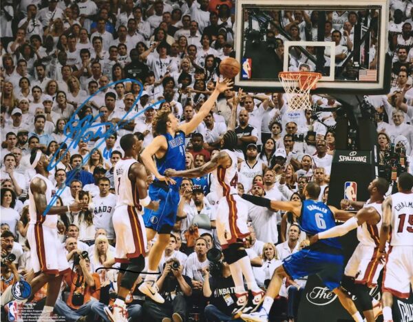 Dirk Nowitzki Dallas Mavericks Autographed 16" x 20" 2011 NBA Finals Game 2 Winning Shot vs. Miami Heat Photograph - Signed in Blue Ink