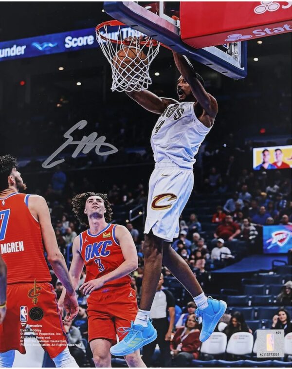 Evan Mobley Cleveland Cavaliers Autographed 16" x 20" White Jersey Dunking vs. Oklahoma Thunder Photograph