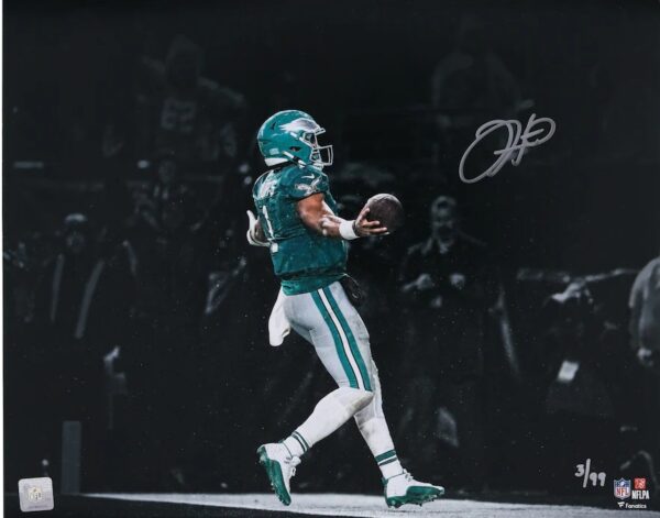 Jalen Hurts Philadelphia Eagles Autographed 16" x 20" 2023 Week 12 Walk-Off Overtime Touchdown Spotlight Photograph - Limited Edition of 99