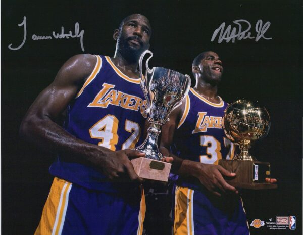 Magic Johnson & James Worthy Los Angeles Lakers Autographed 11" x 14" Holding Trophies Photograph