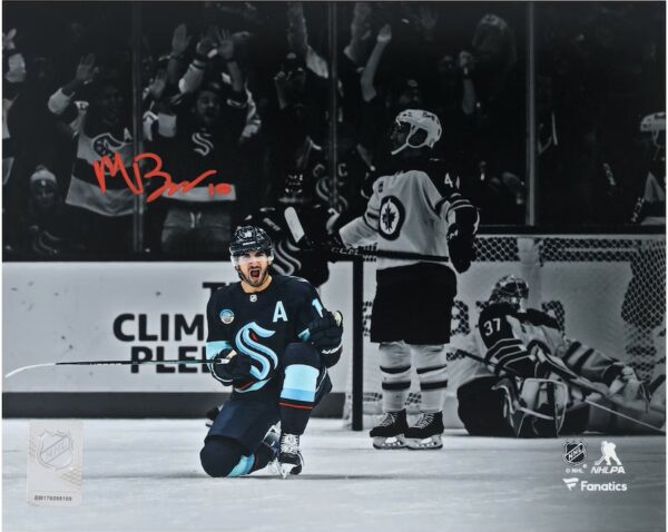 Matty Beniers Seattle Kraken Autographed 8" x 10" Navy Jersey Celebration Photograph