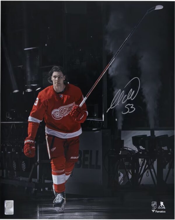 Moritz Seider Detroit Red Wings Autographed 8" x 10" Red Jersey Pregame Photograph