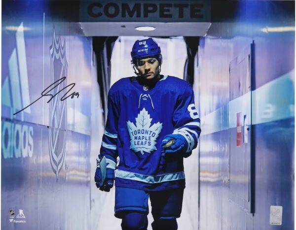 Nick Robertson Toronto Maple Leafs Autographed 16" x 20" Blue Jersey Walking Down the Tunnel Photograph