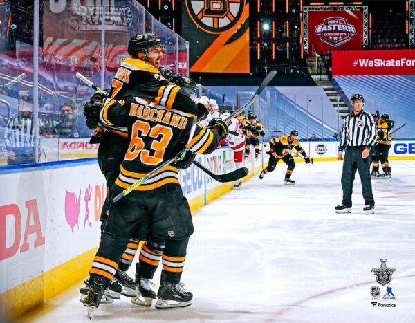 Patrice Bergeron Boston Bruins Unsigned 2020 Stanley Cup Playoffs Game 1 vs. Carolina Hurricanes Overtime Game-Winning Goal Celebration Photograph