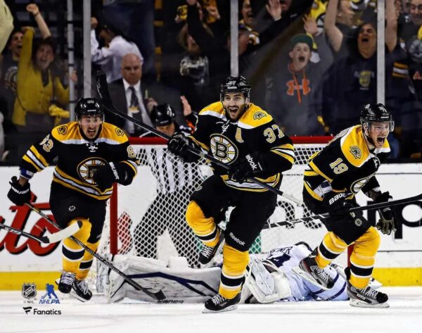 Patrice Bergeron Brad Marchand and Tyler Seguin Boston Bruins Unsigned 2013 Eastern Conference Quarterfinals Game-Winning Goal Photograph