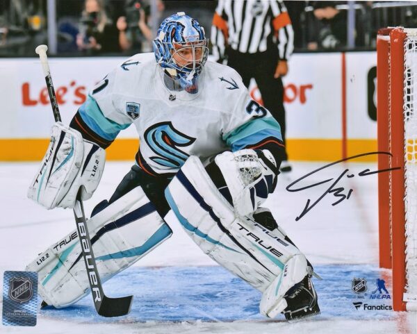 Philipp Grubauer Seattle Kraken Autographed 16'' x 20'' First Game vs. Las Vegas Golden Knights Photograph with ''Kraken Released 10/12/21'' Inscription