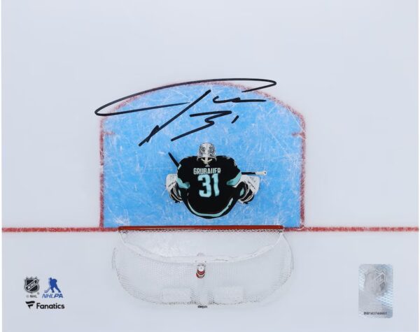 Philipp Grubauer Seattle Kraken Autographed 16" x 20" Navy Jersey Overhead Photograph