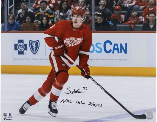 Simon Edvinsson Detroit Red Wings Autographed 16" x 20" NHL Debut Red Jersey Skating Photograph with "NHL Debut 3-18-23" Inscription