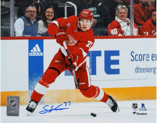 Simon Edvinsson Detroit Red Wings Autographed 16" x 20" Red Jersey Shooting Photograph