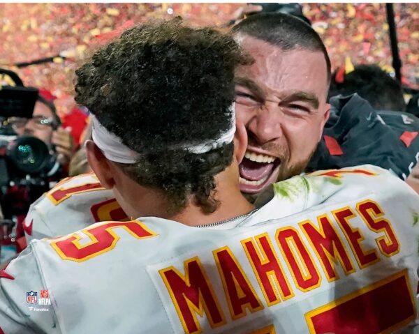 Travis Kelce & Patrick Mahomes Kansas City Chiefs Unsigned Super Bowl LVII Champions Celebration Photograph