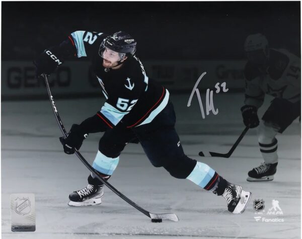 Tye Kartye Seattle Kraken Autographed 16" x 20" Deep Sea Blue Jersey Shooting Photograph