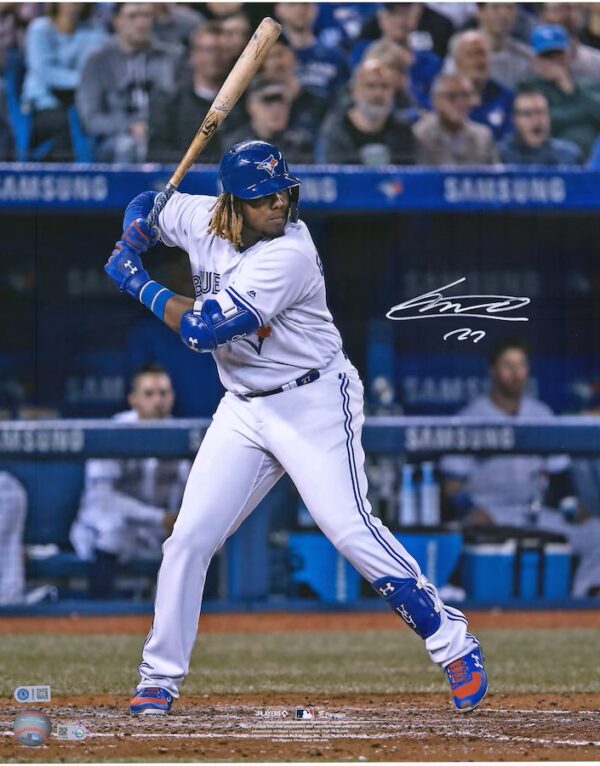 Vladimir Guerrero Jr. Toronto Blue Jays Autographed 16" x 20" Hitting in White Jersey Photograph