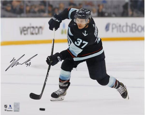 Yanni Gourde Seattle Kraken Autographed 8" x 10" Deep Sea Blue Jersey Shooting Photograph